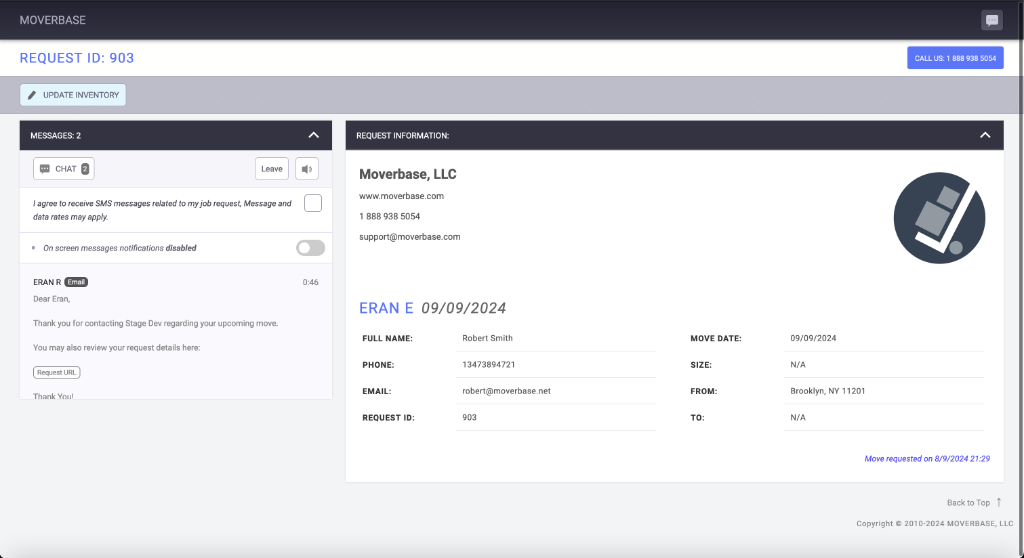 Moverbase request management system showing secure handling of customer information