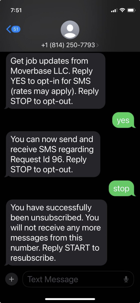 SMS opt-in and opt-out example showing customer control over text messages
